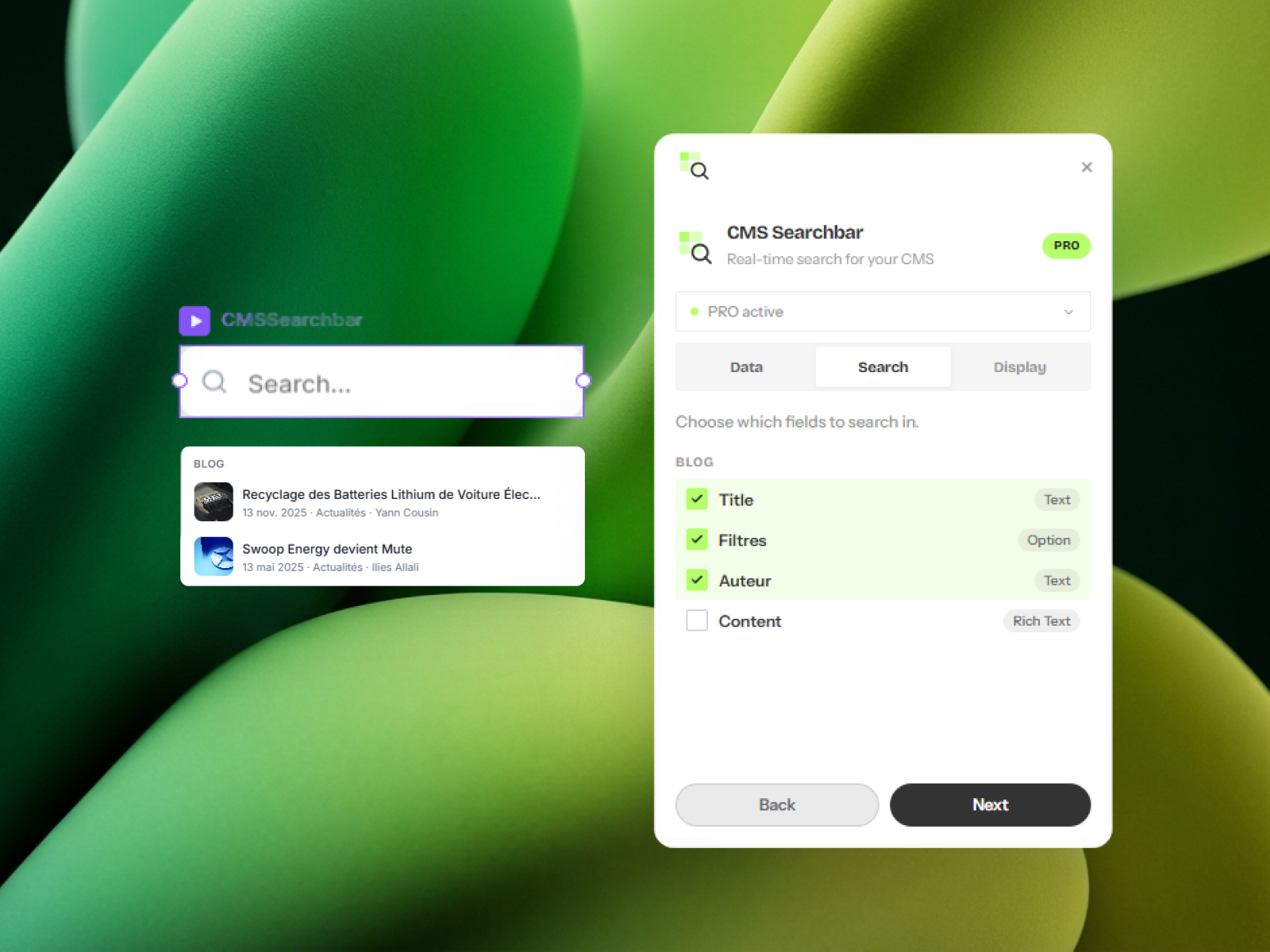CMS Searchbar plugin running inside Framer with search results